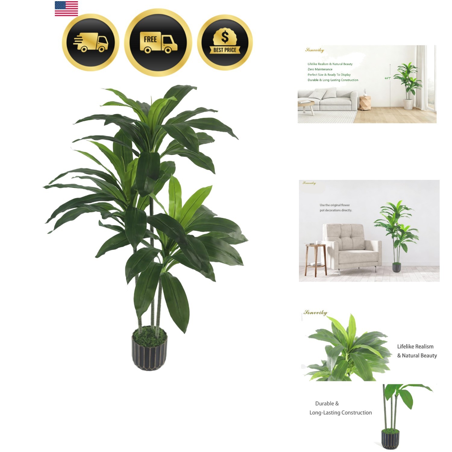 Artificial Plants Indoor – 4ft Artificial Dracaena Tree – Fake Tree Realistic…