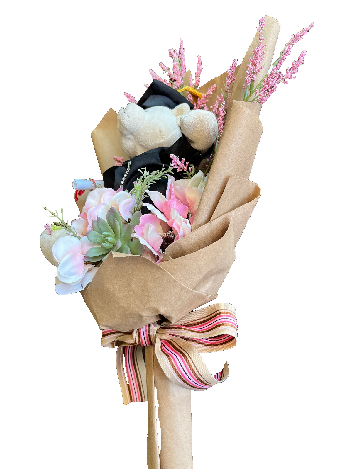 Hand Made Graduation Plush Bear Pink Artificial Flower Bouquet & Matching Ribbon