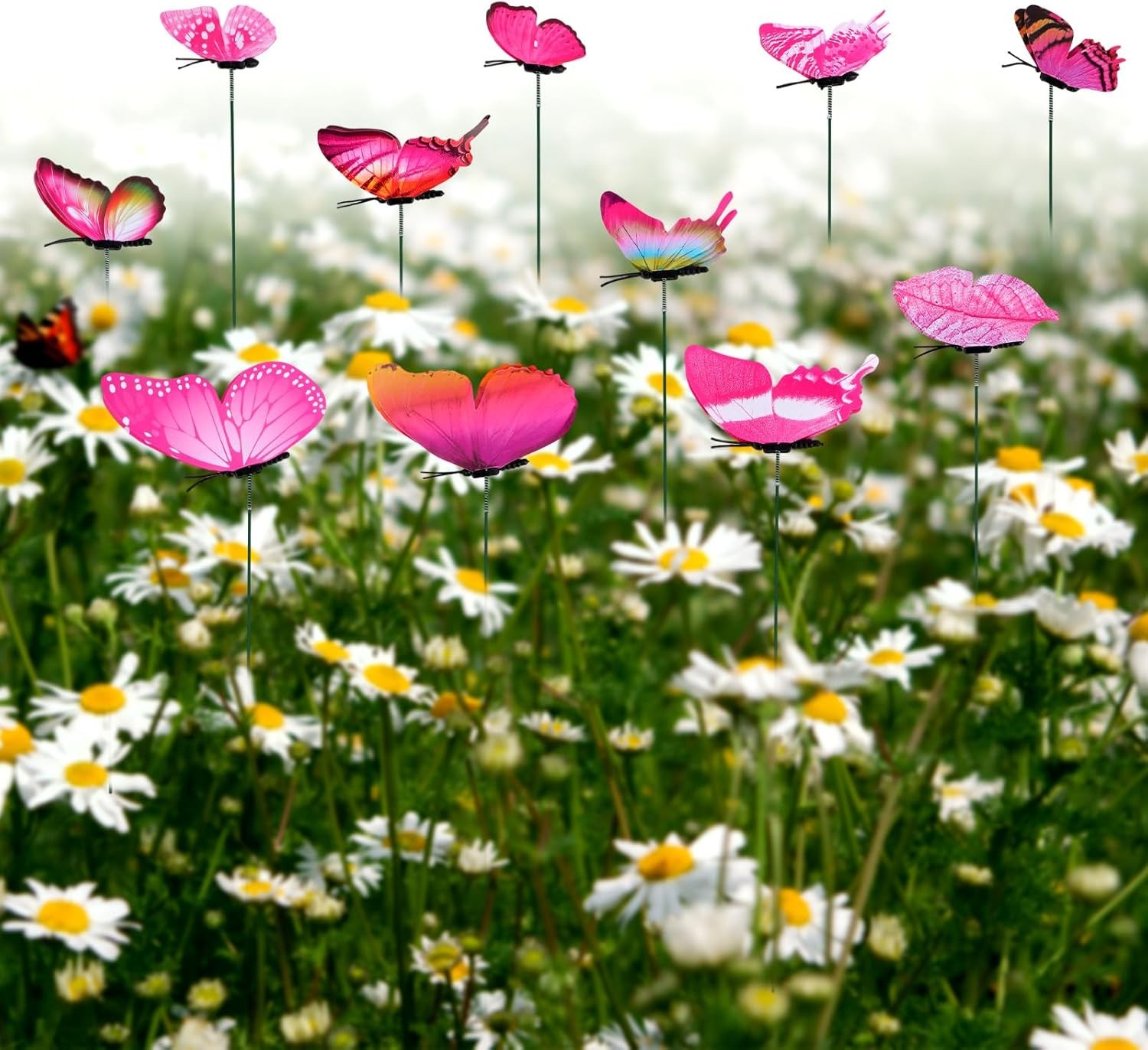 Penitue 12pcs Butterfly Plant Stakes PVC Garden Decor Pink Flower Pots