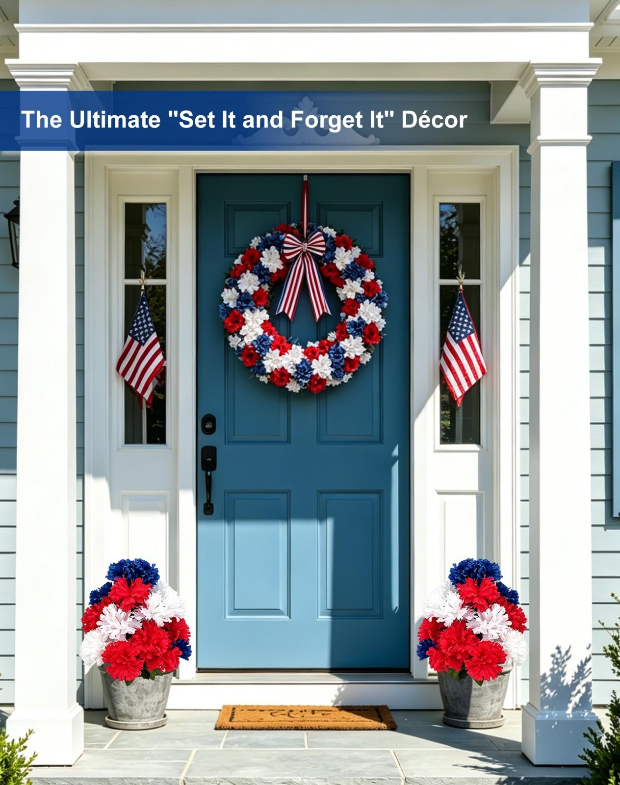 2 Pack 20″ Patriotic Red White Blue Artificial Flowers with Ground Stakes | UV R