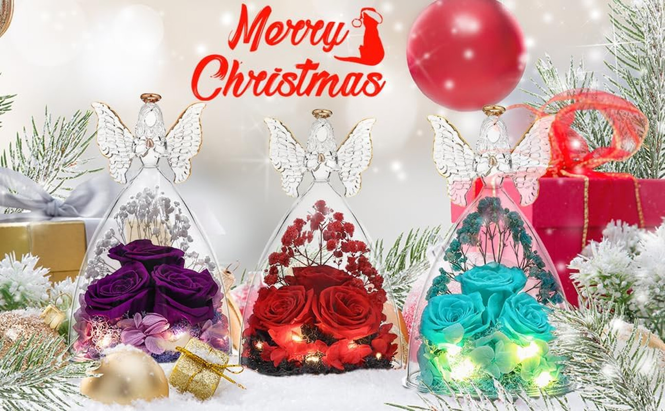 Mothers Day Rose Gifts for Women Preserved Real Flower in Glass Angel Figurines