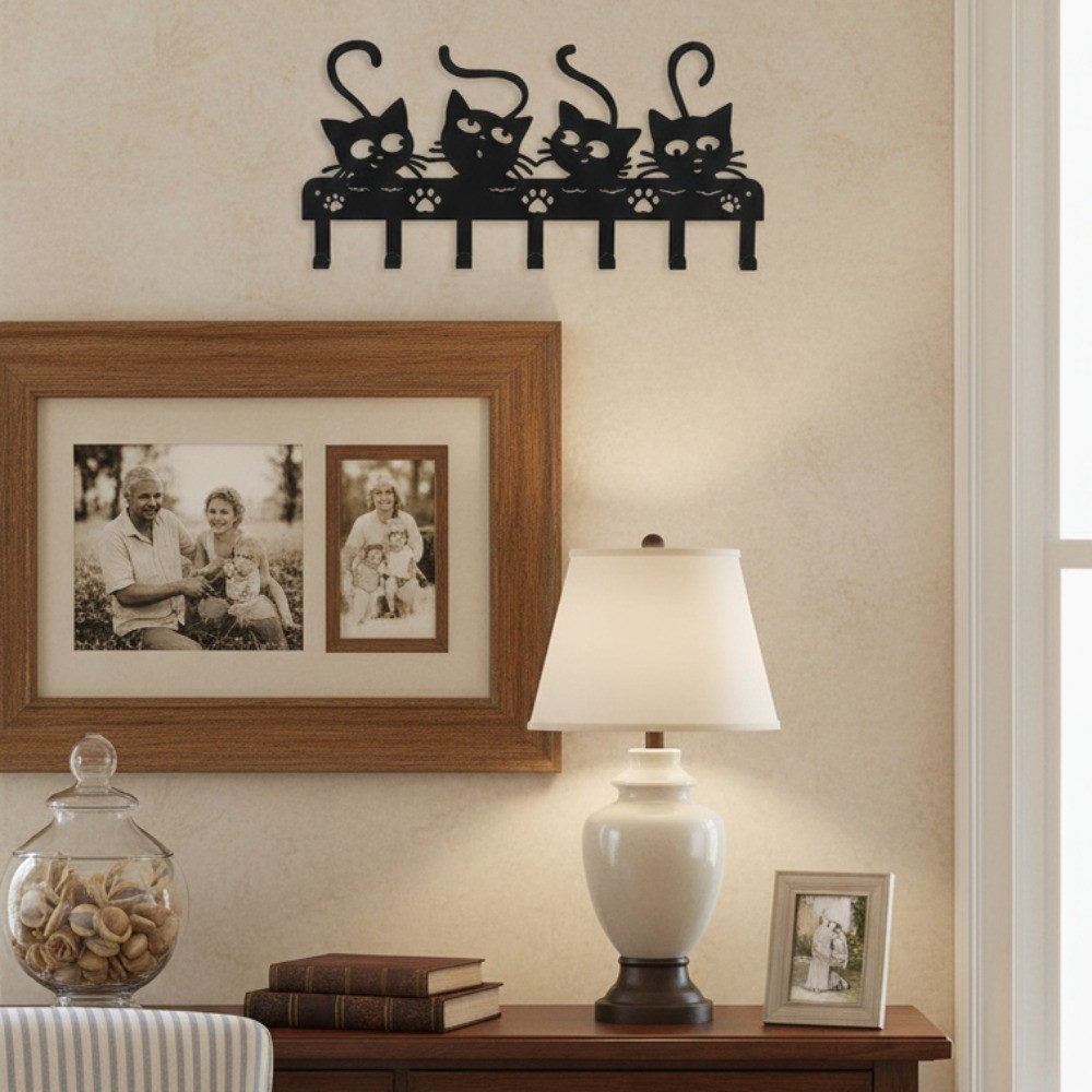 7-Claw Black Cat Halloween Key Holder – Iron Entryway Wall Decor Hooks