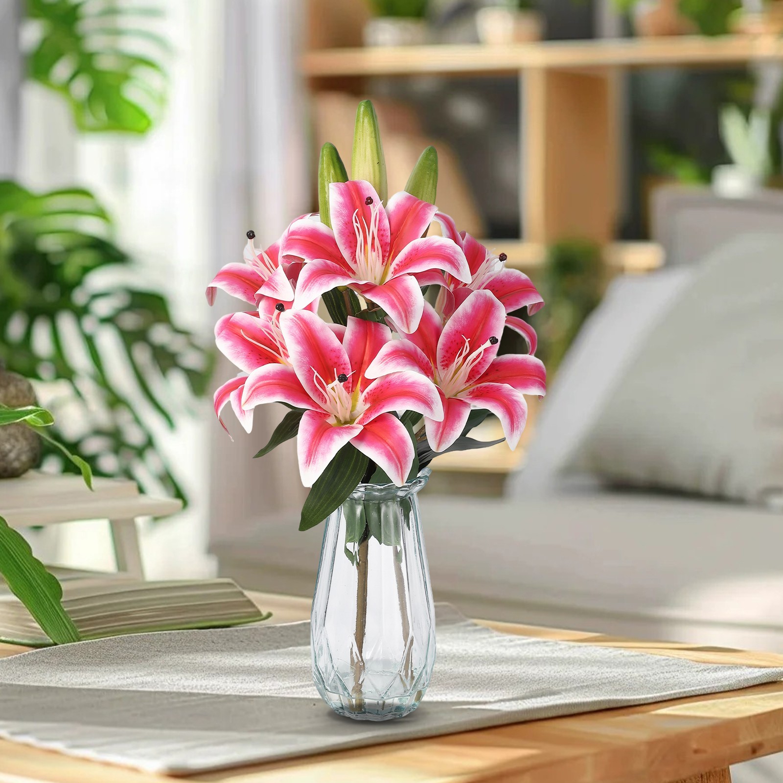 6 Flowers & 3 Bud Lily Flowers Artificial Lillies with Glass Vase for Home Decor