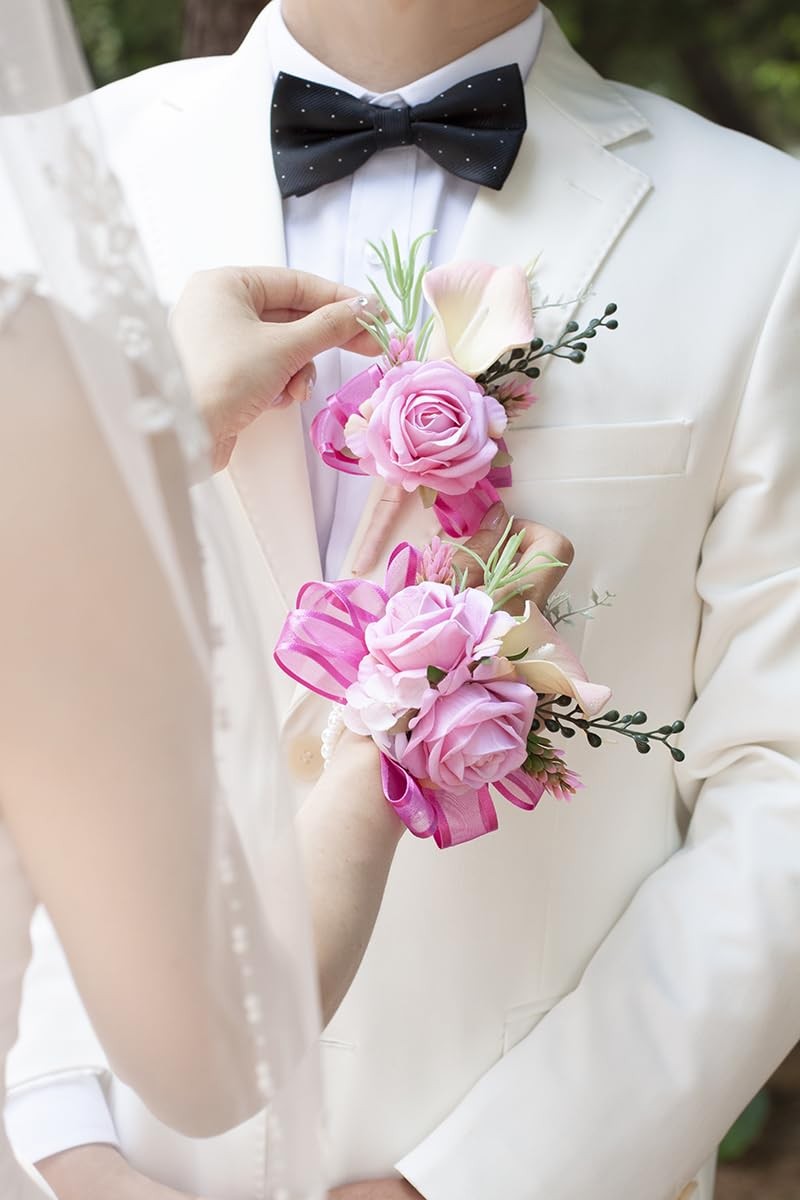 Soft Rose Pink Corsage and Boutonniere Set for Wedding Prom, Artificial Calla Li