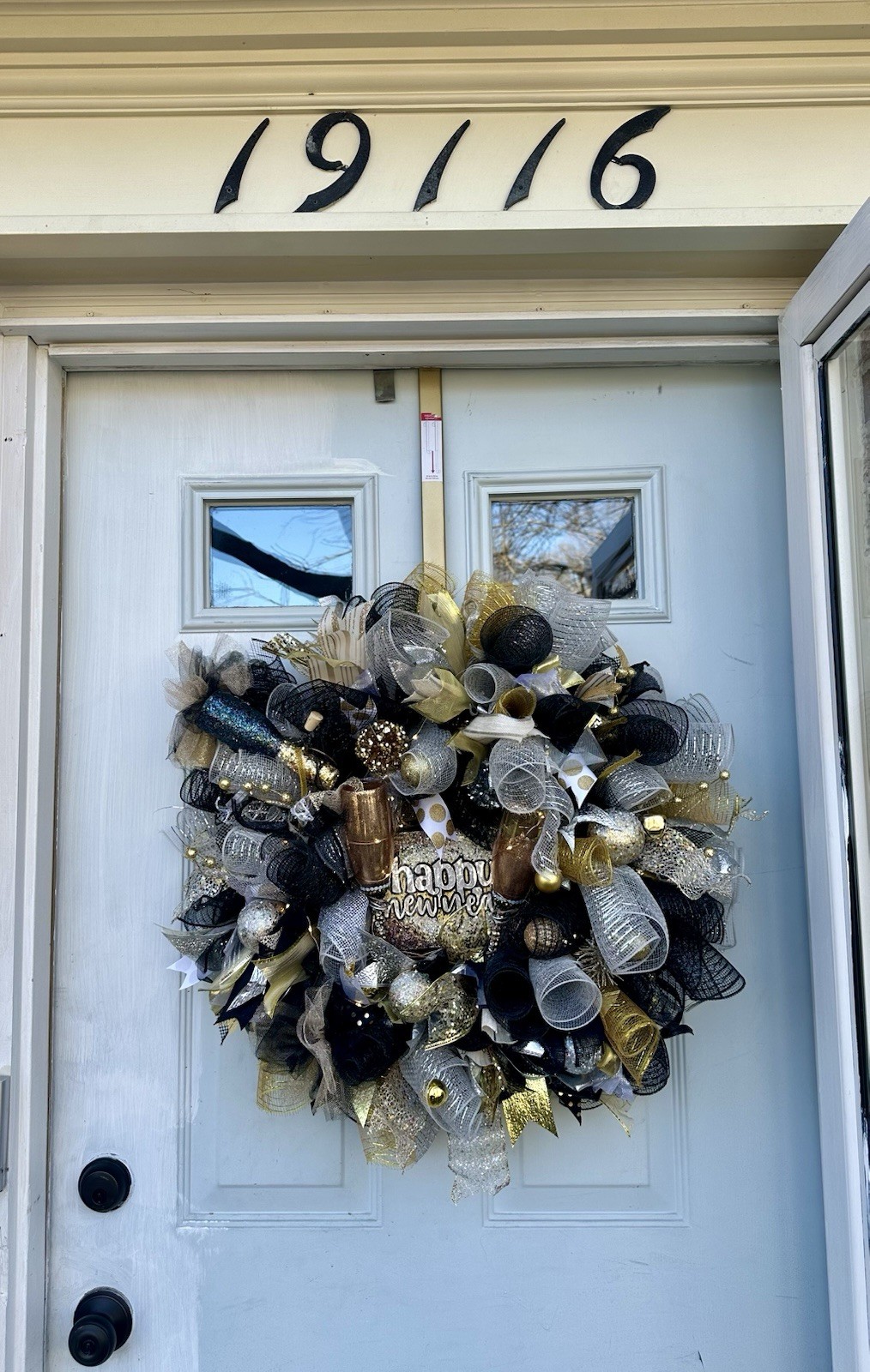 Graduation Wreath Black Gold Congrats Deco Mesh Door LED Party Decor
