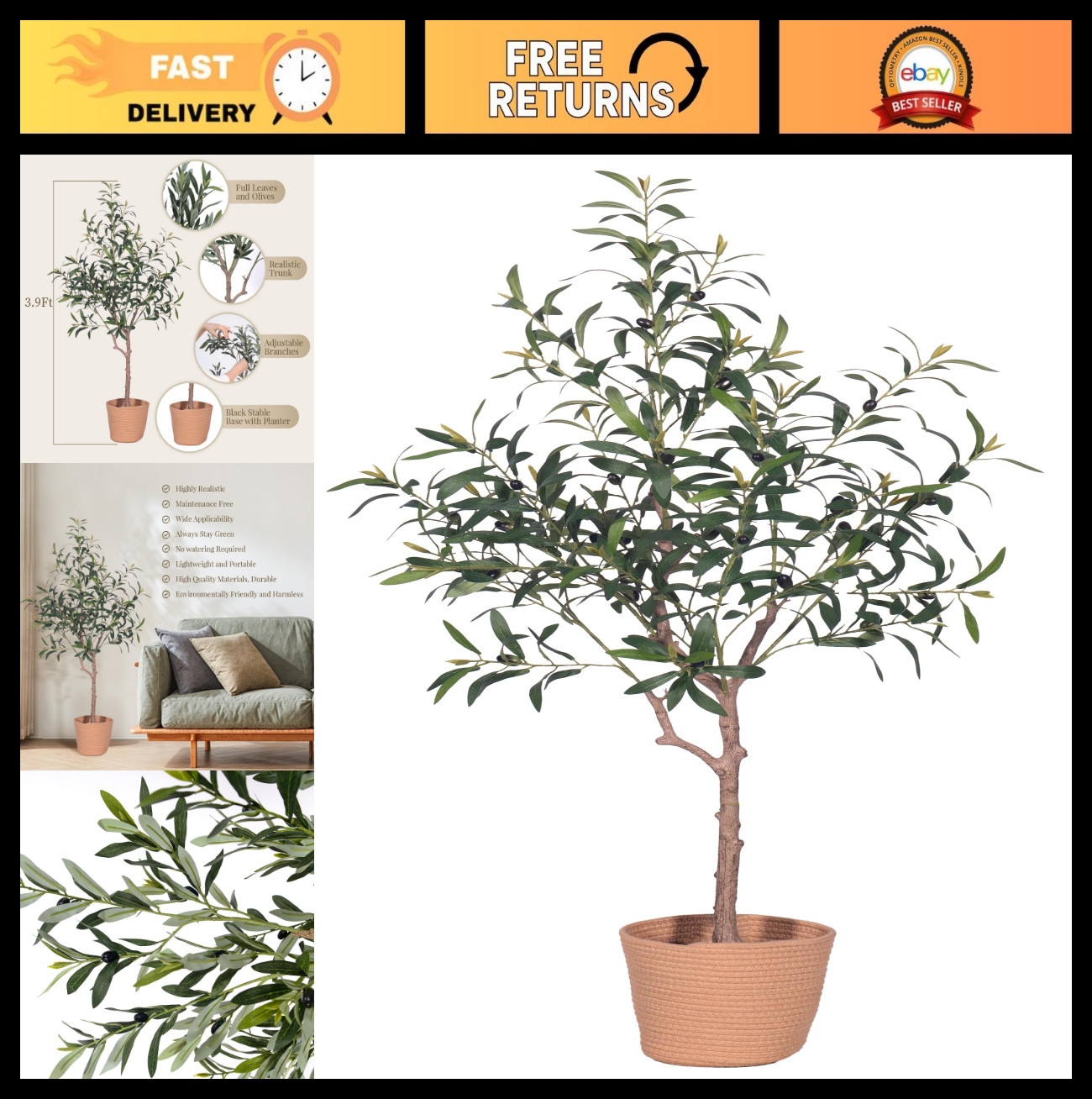 4FT Artificial Olive Tree – Realistic Mediterranean Silk Plant, Lifelike Home De