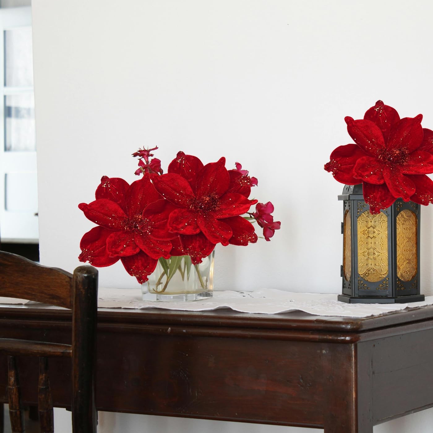 Magnolia Glitter Flowers 6PCS Single Stem Christmas Flowers for Home Table Fe…