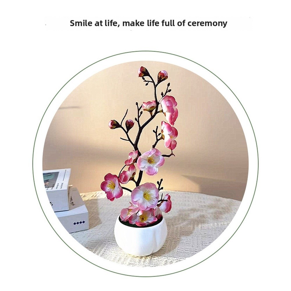 Artificial Plum Blossom Bonsai in White Cup for Living Room Bedroom Decor