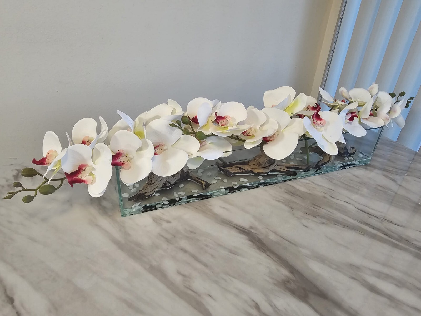 Floral Arrangement, Casa Moderna Glass Plate  W/ Faux White Orchids & Succulents
