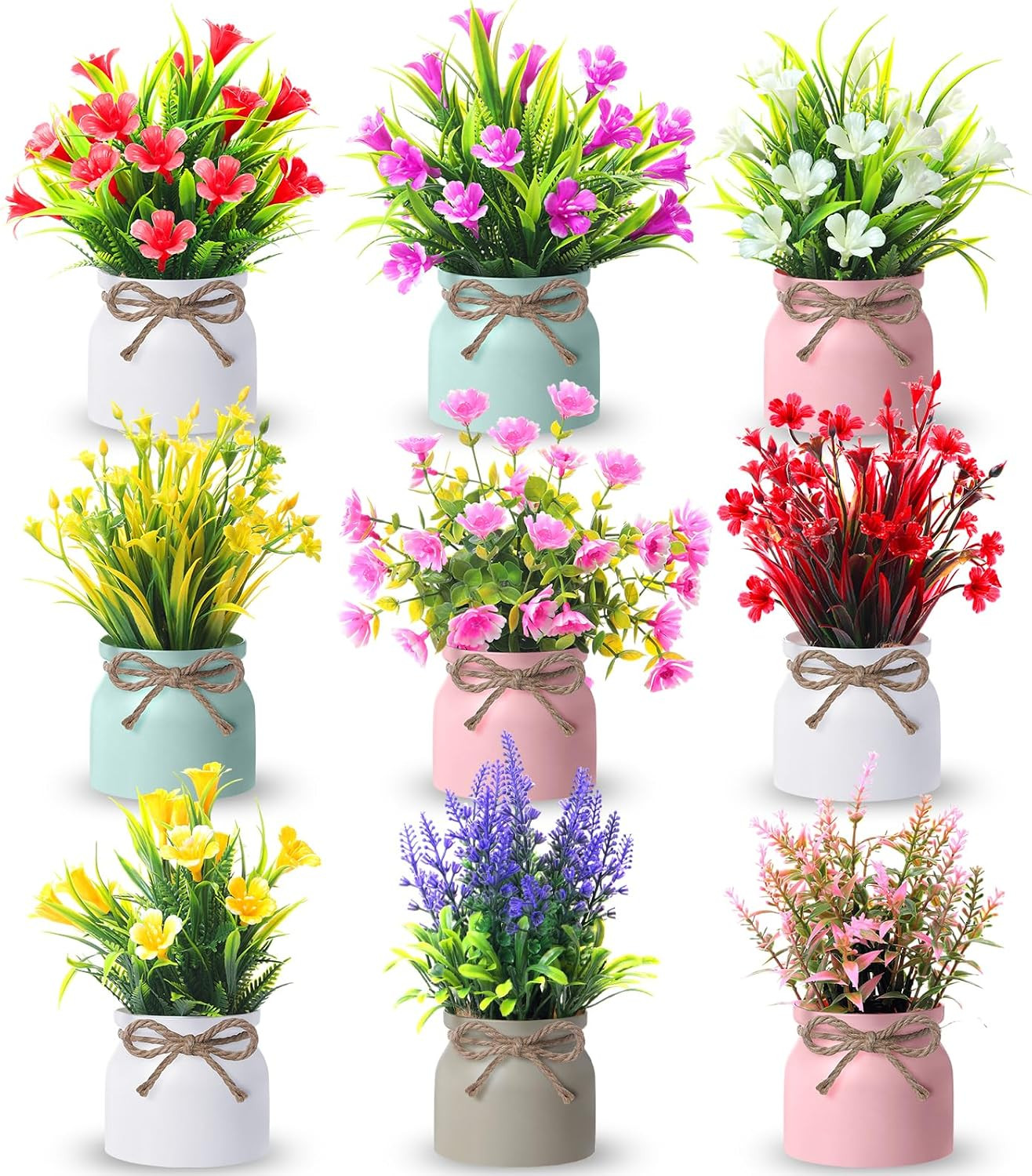 9 Pack Mini Fake Potted Flowers for Spring Home Office Decor Centerpieces