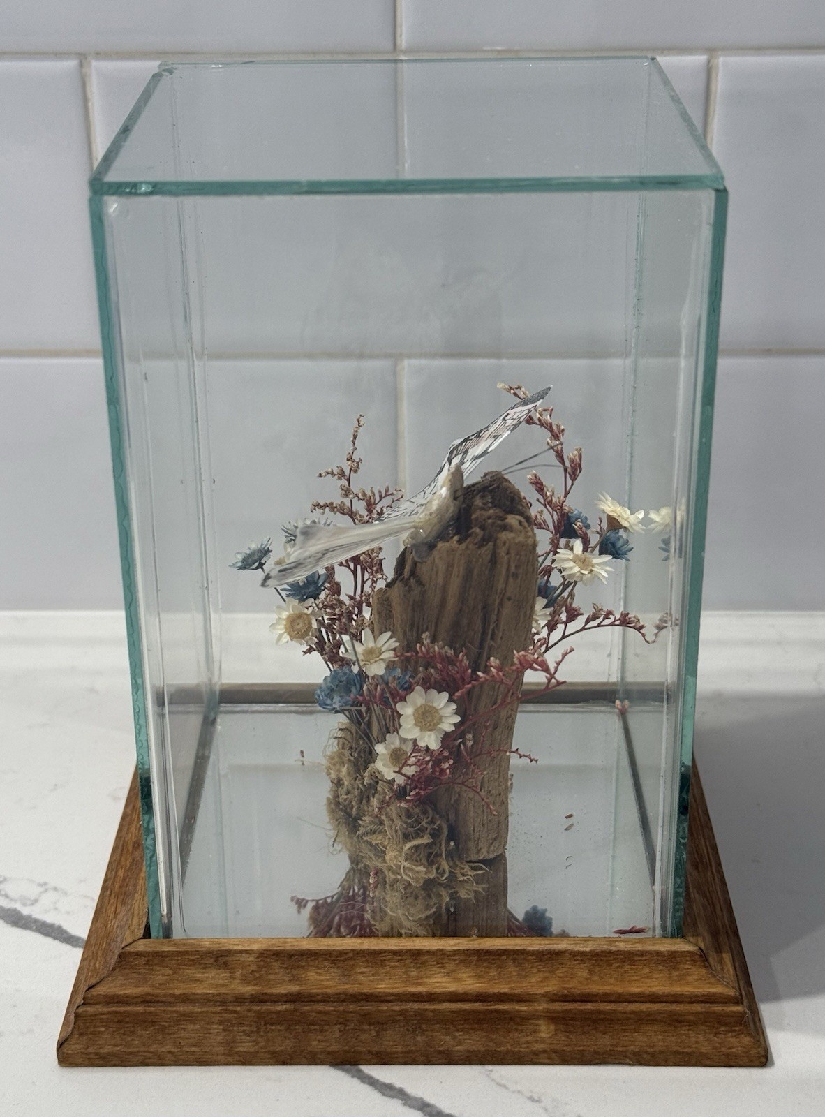 Glass Display Terrarium Butterfly (Faux) Dried Florals Wood Base CottageCore