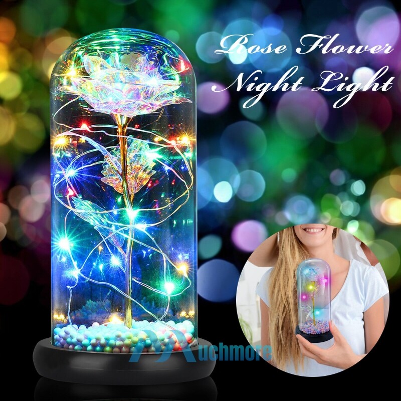 Crystal Galaxy Rose Flower Glass Dome 20 LED Lights Gift for Girlfriend Mom Wife