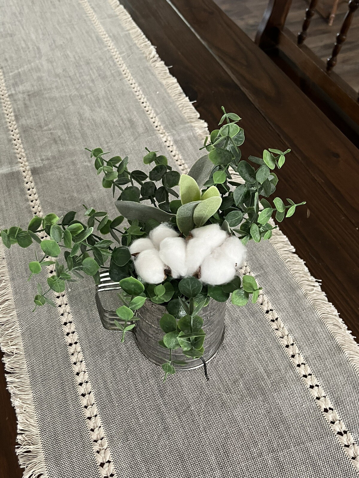Farmhouse Flour Sifter Cotton/Eucalyptus/Lambs Ear Arrangement
