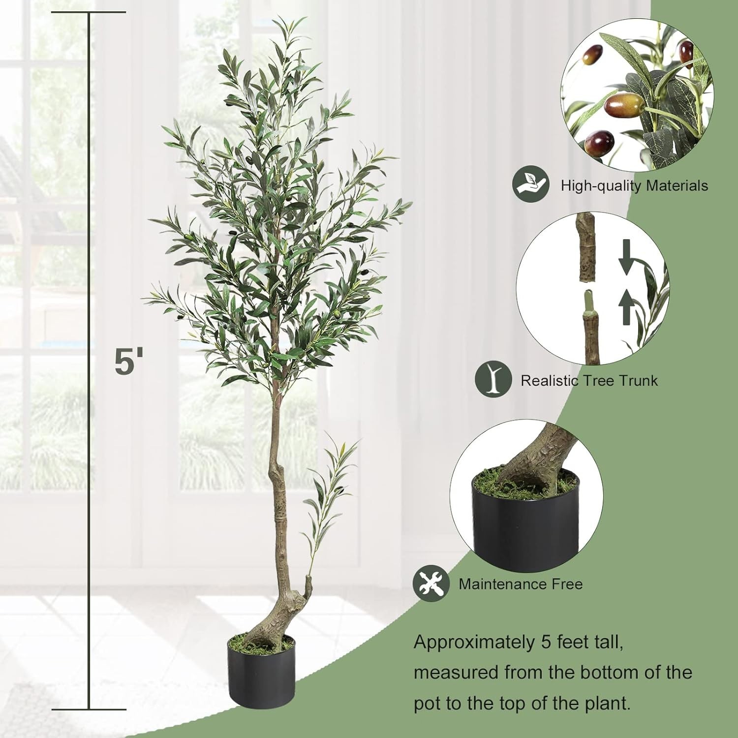 5FT Single Stem Faux Artificial Olive Tree Potted Decor Plant