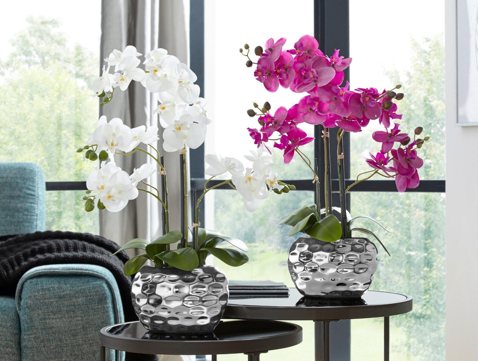 Potted Faux Flower Arrangement White Artificial Orchid, 23″ Tall