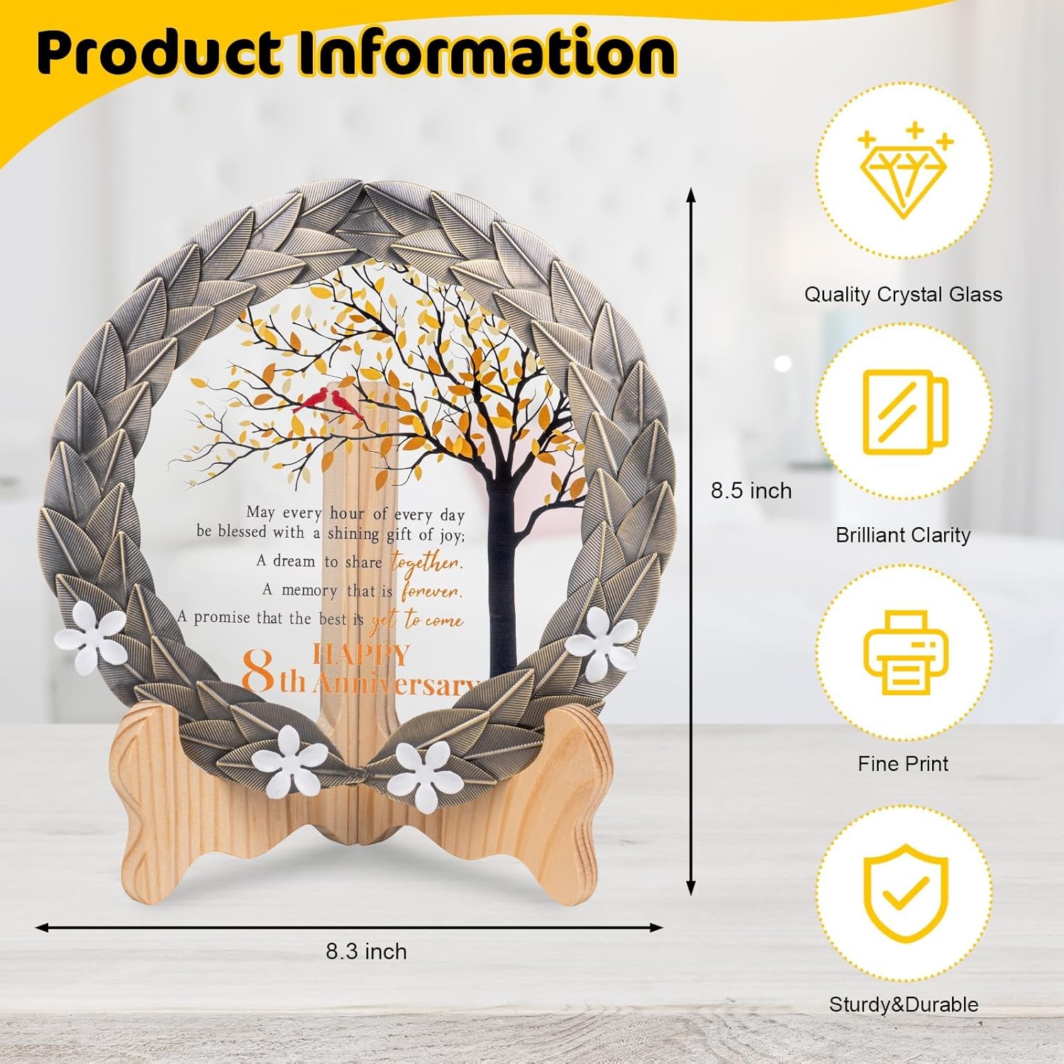 8th Anniversary Wedding Gifts Crystal Plate with Bronze Leaf Wreath – 8 Years