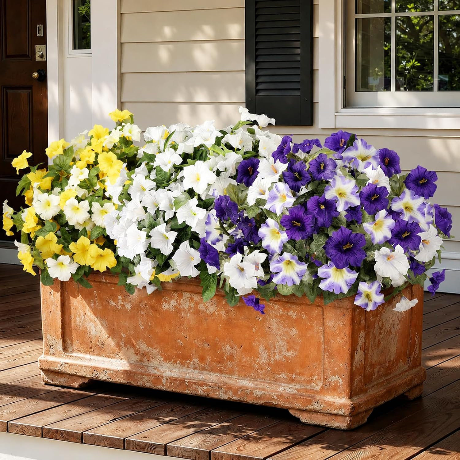 UV Resistant Large Faux Petunias – 8 Bundles for Outdoor Decor (Purple-White)