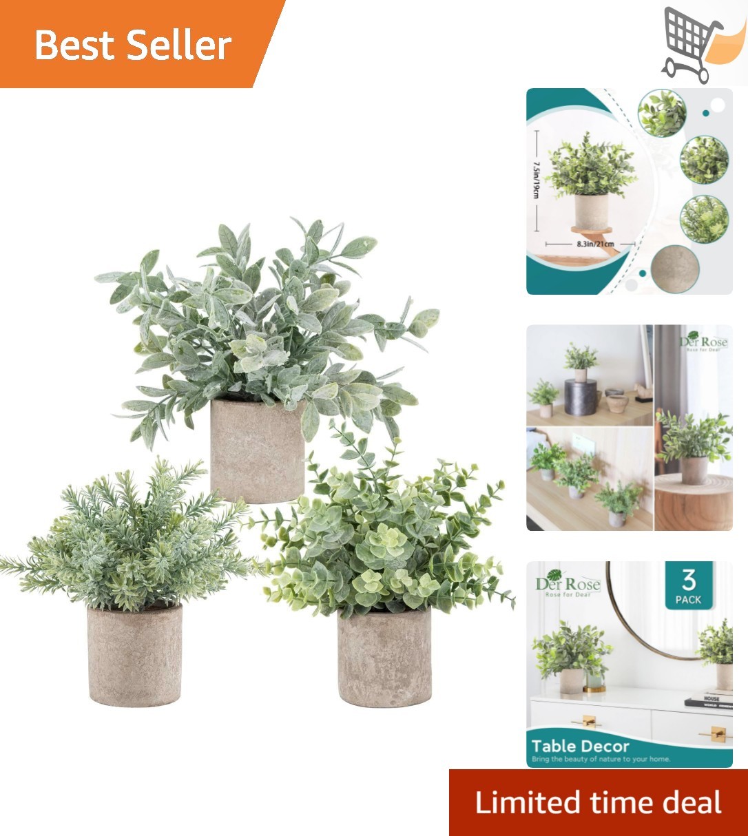 3 Pack Mini Faux Eucalyptus Plants Indoor Decor for Office and Home