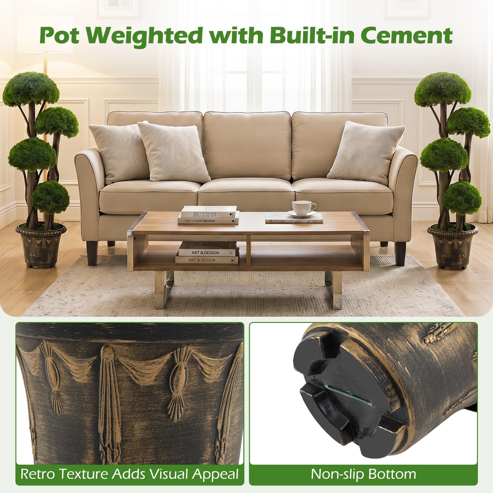 2PCS Artificial Cypress Topiary Ball Tree w/Retro Cement-filled Planter, Vines