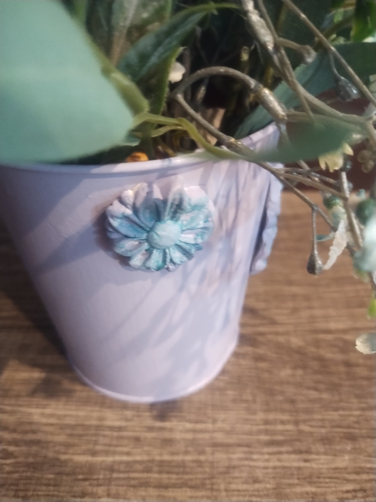 Turquoise Lavender Faux Flowers Paper wood Plants Home Pot Purple 9 x 3 Painted