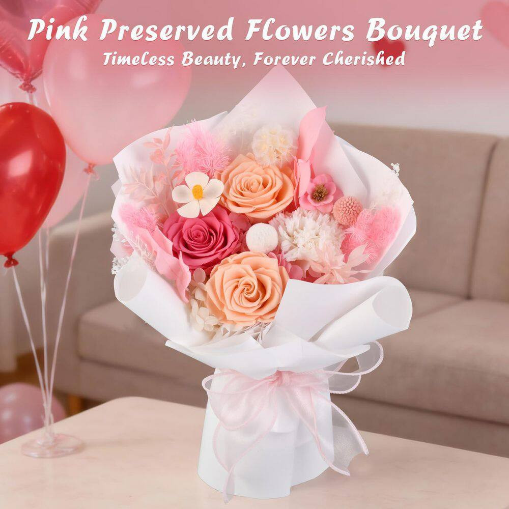 12.59-Inch Pink Artificial Preserved Rose Bouquet-Includes Gift Box and Greeting
