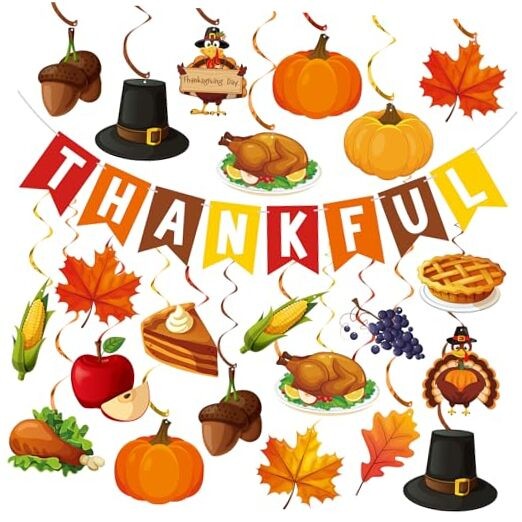 Thanksgiving Decorations Pre-strung Thankful Banner Turkey Pumpkin Maple