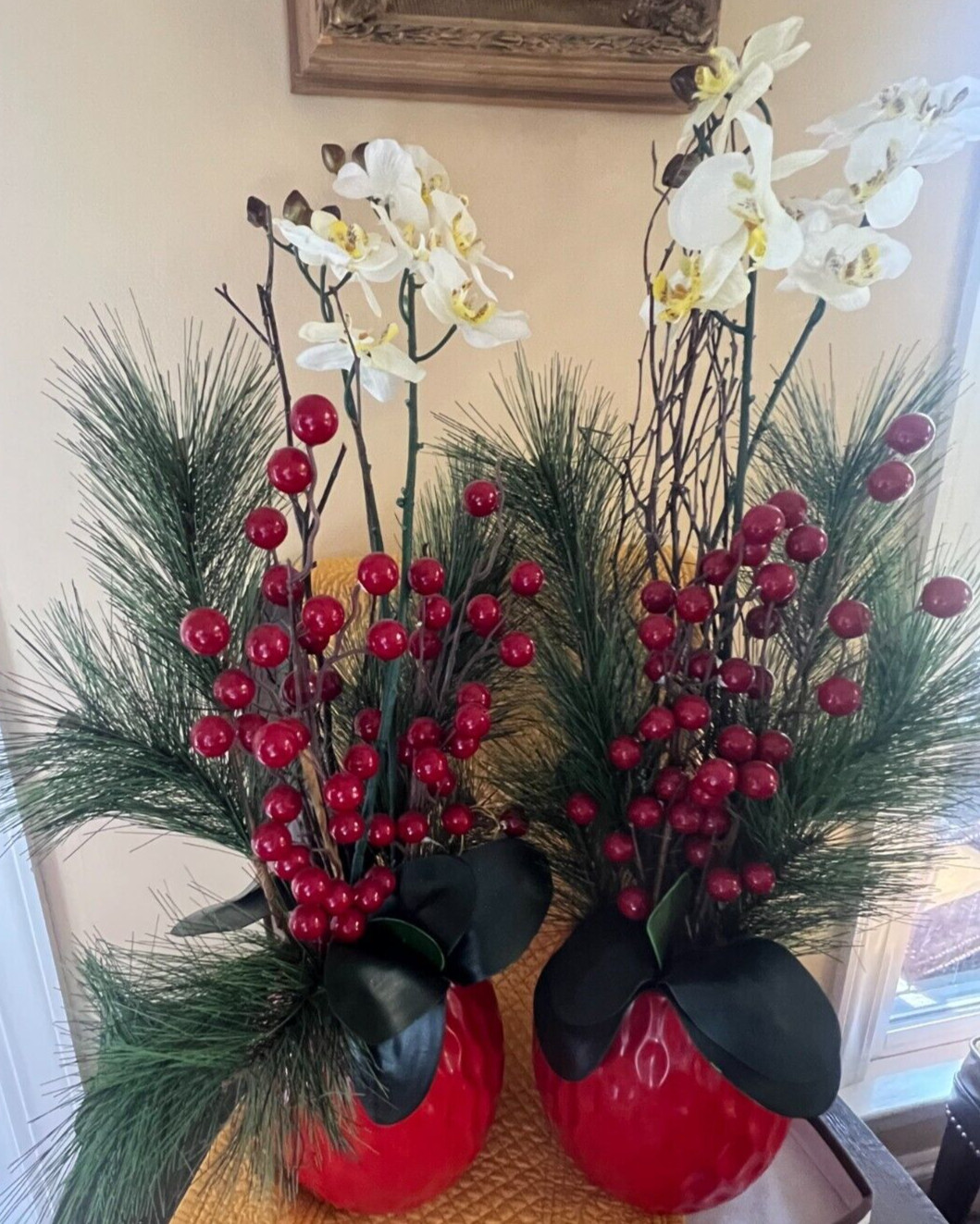 Christmas Orchid Pine Berry Floral Arrangements Mantle Topiary Ceramic Pots x2