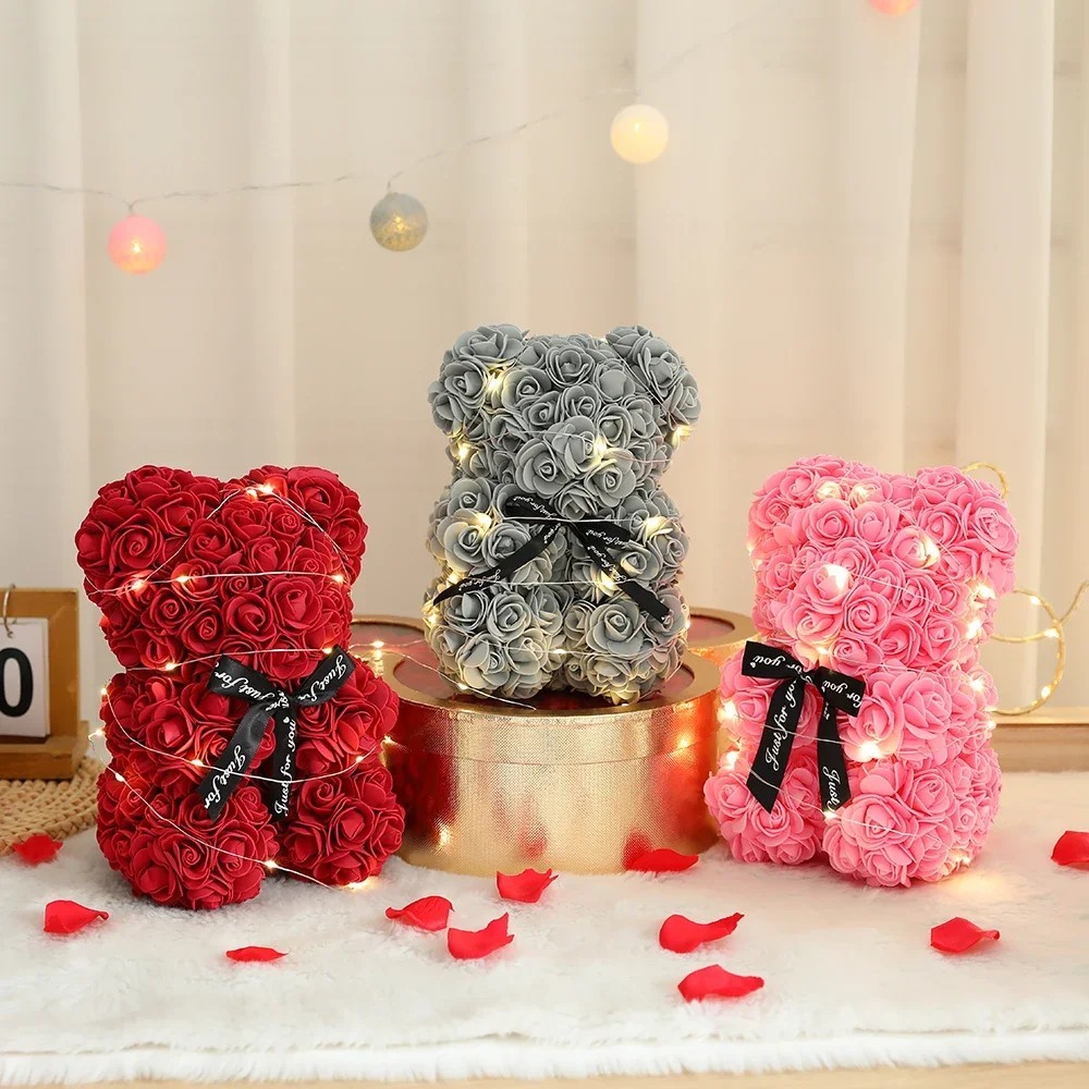 25cm Artificial Teddy Rose Flower Bear with Box Romantic Gift