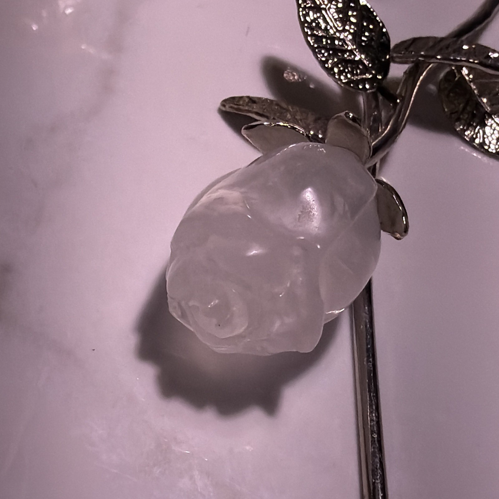 Artificial White Rosebud Decorative Flower Arrangement, Metal with Silver Leaves