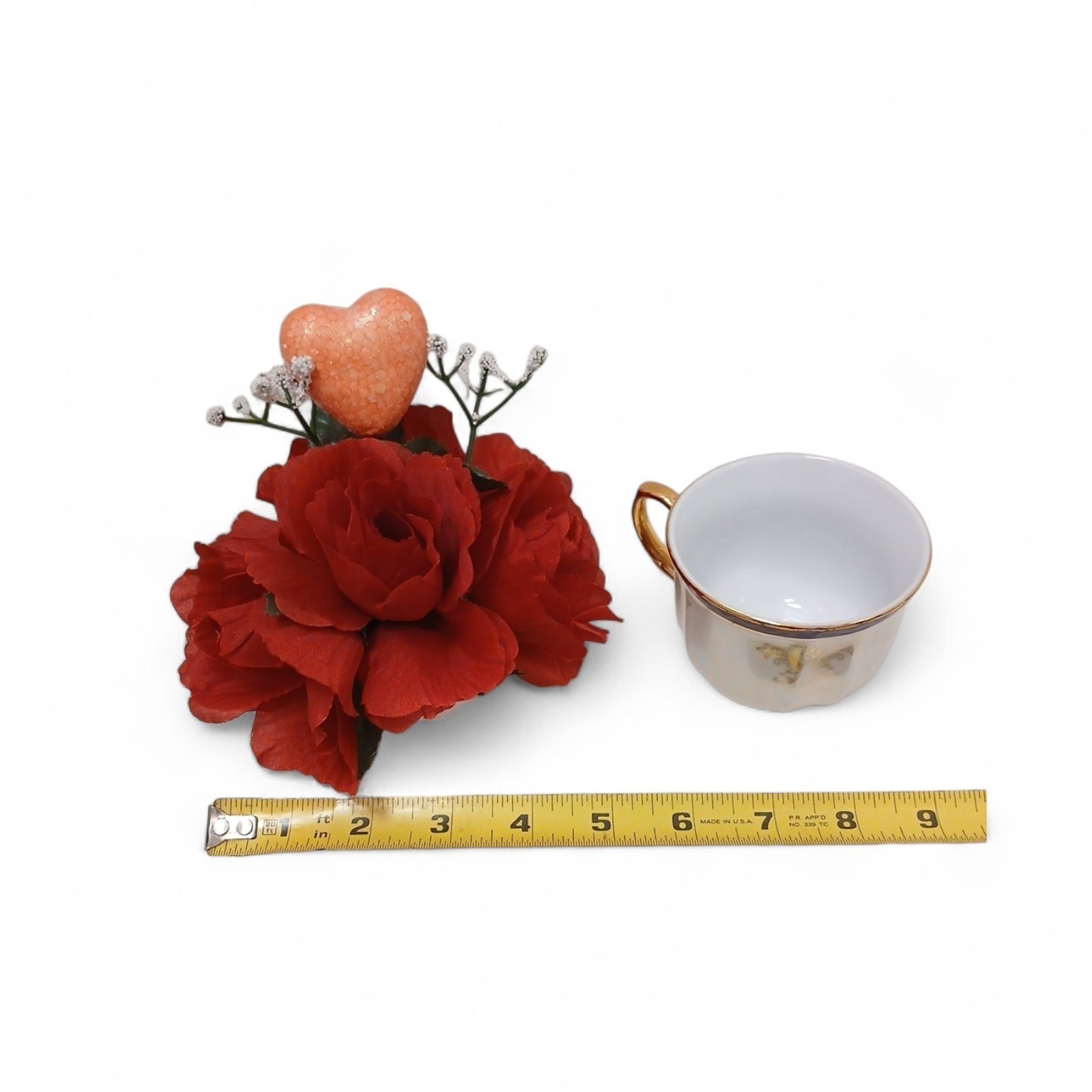English Red Rose Floral Arrangement Tea Cup POP-IN Sparkle Heart Valentine Love