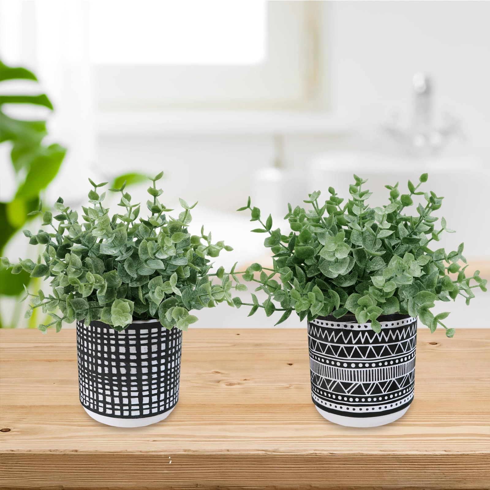 Set of 2 Small Potted Plants Artificial Eucalyptus Plant in Black Geometric C…