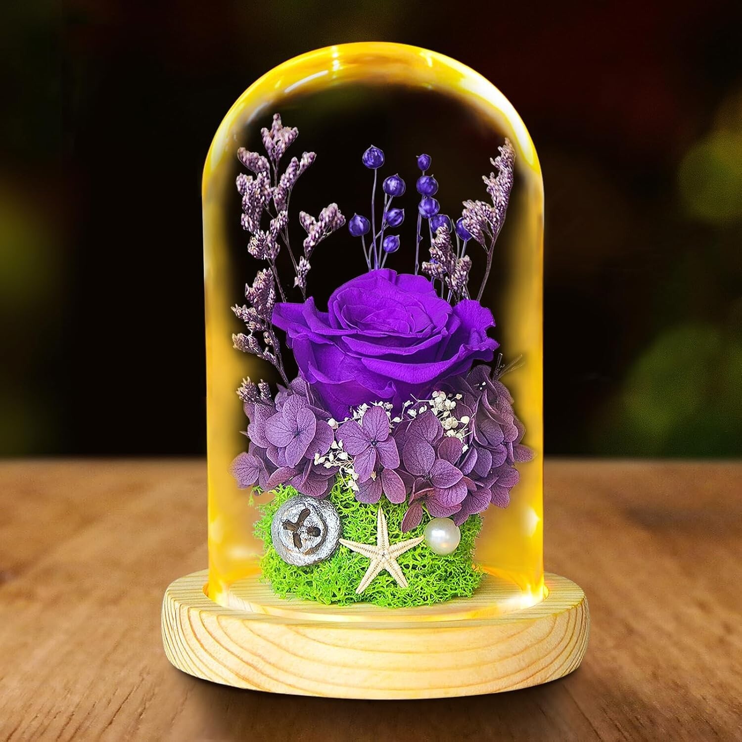 Beauty and The Beast Rose in Glass, Purple Artificial Flower Rose Gift Lights up