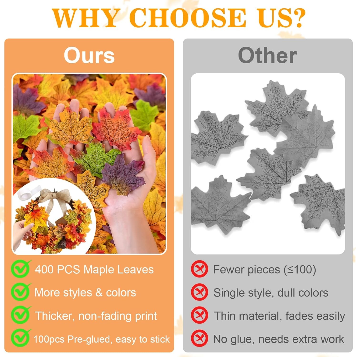 500PCS Fall Leaves Maple Bulk 8 Color Autumn Leaves with 100 Glue Dots Thanksgiv