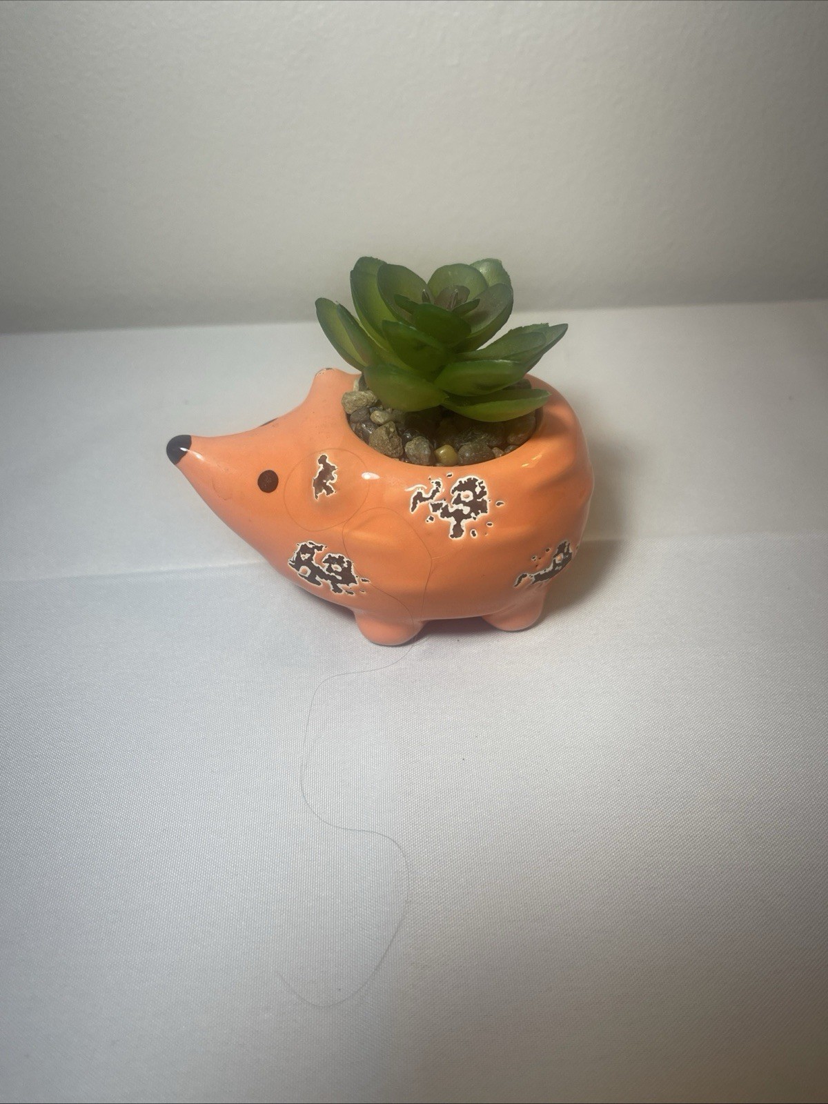 Orange Rustic Hedgehog with Faux Succulent Plant And Glued Pebbles 4x3x 3.5”