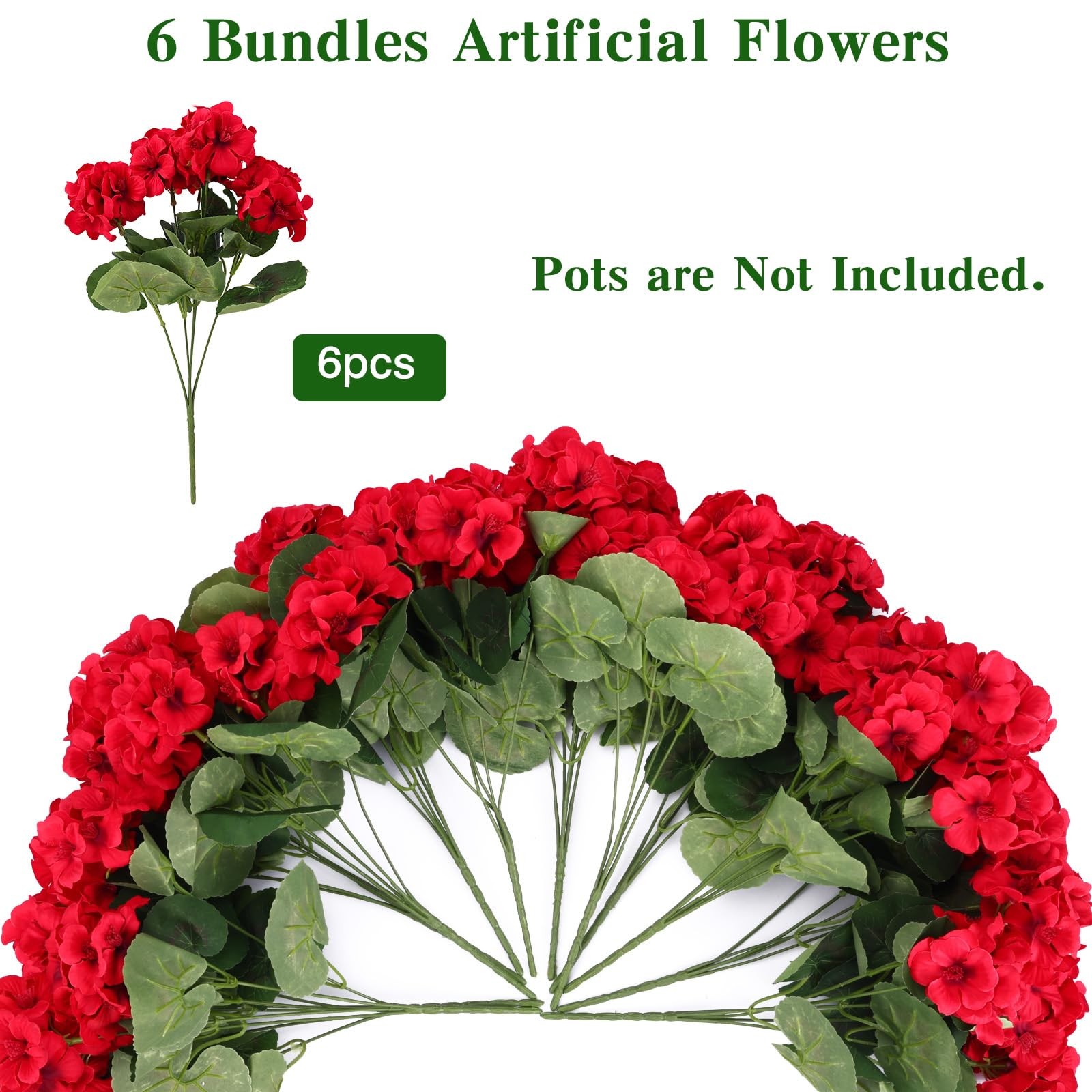 6 Bundles Artificial Geranium Flowers for Outdoor Indoor Fake Silk Geranium