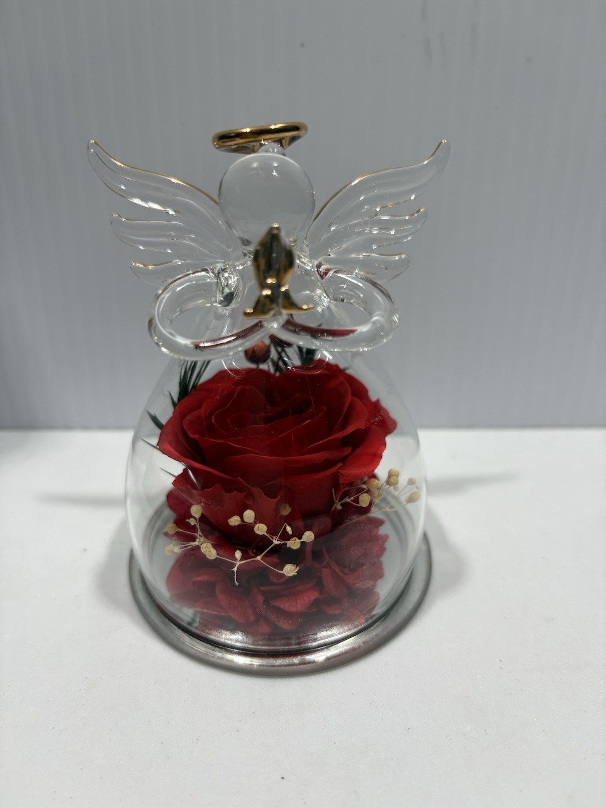 Glass Angel Flower Gifts Preserved Flower Red Rose in Figurines 3” Approx