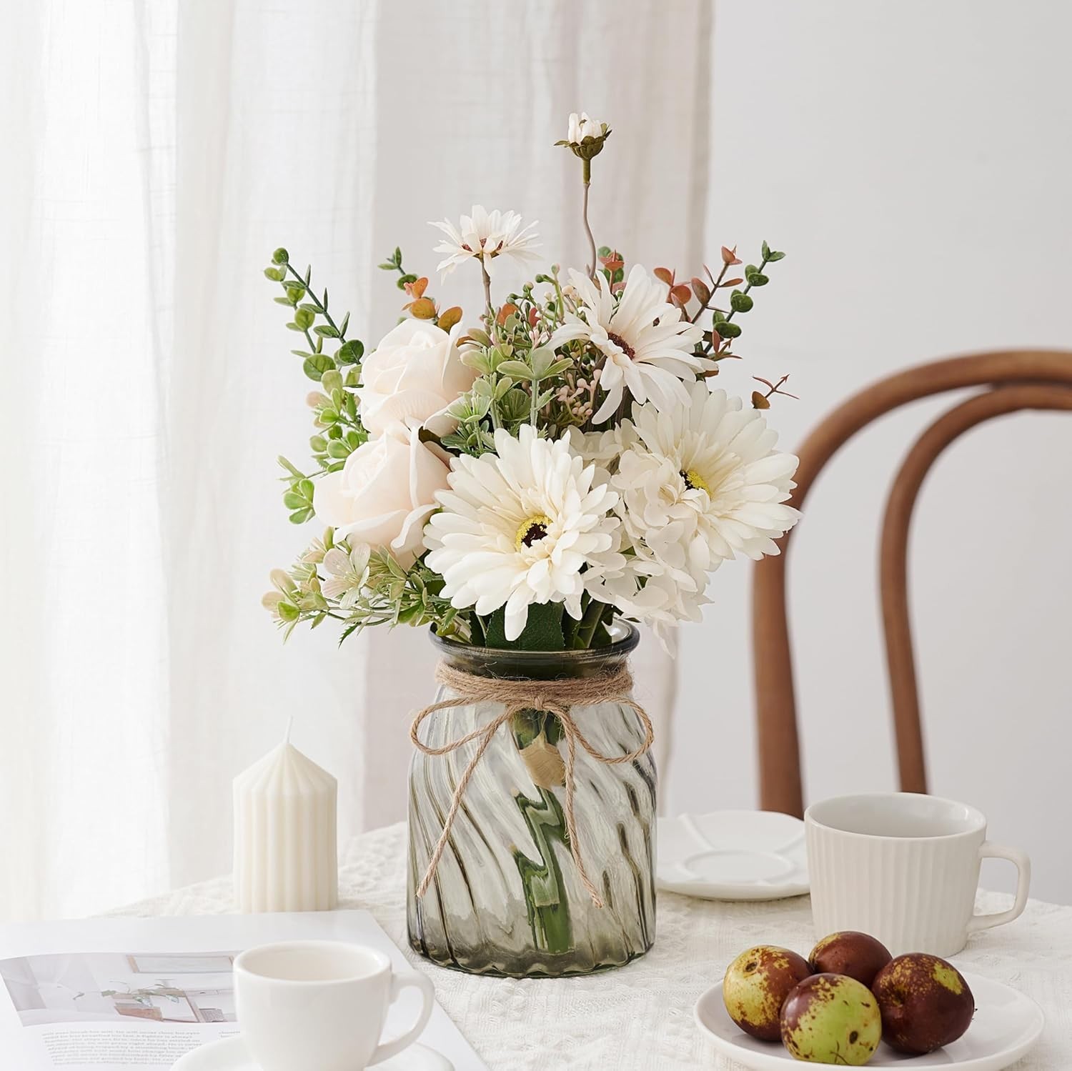 Fake Flowers Artificial Daisy Rose with Vase, Faux Silk Flowers Fake Plant De…