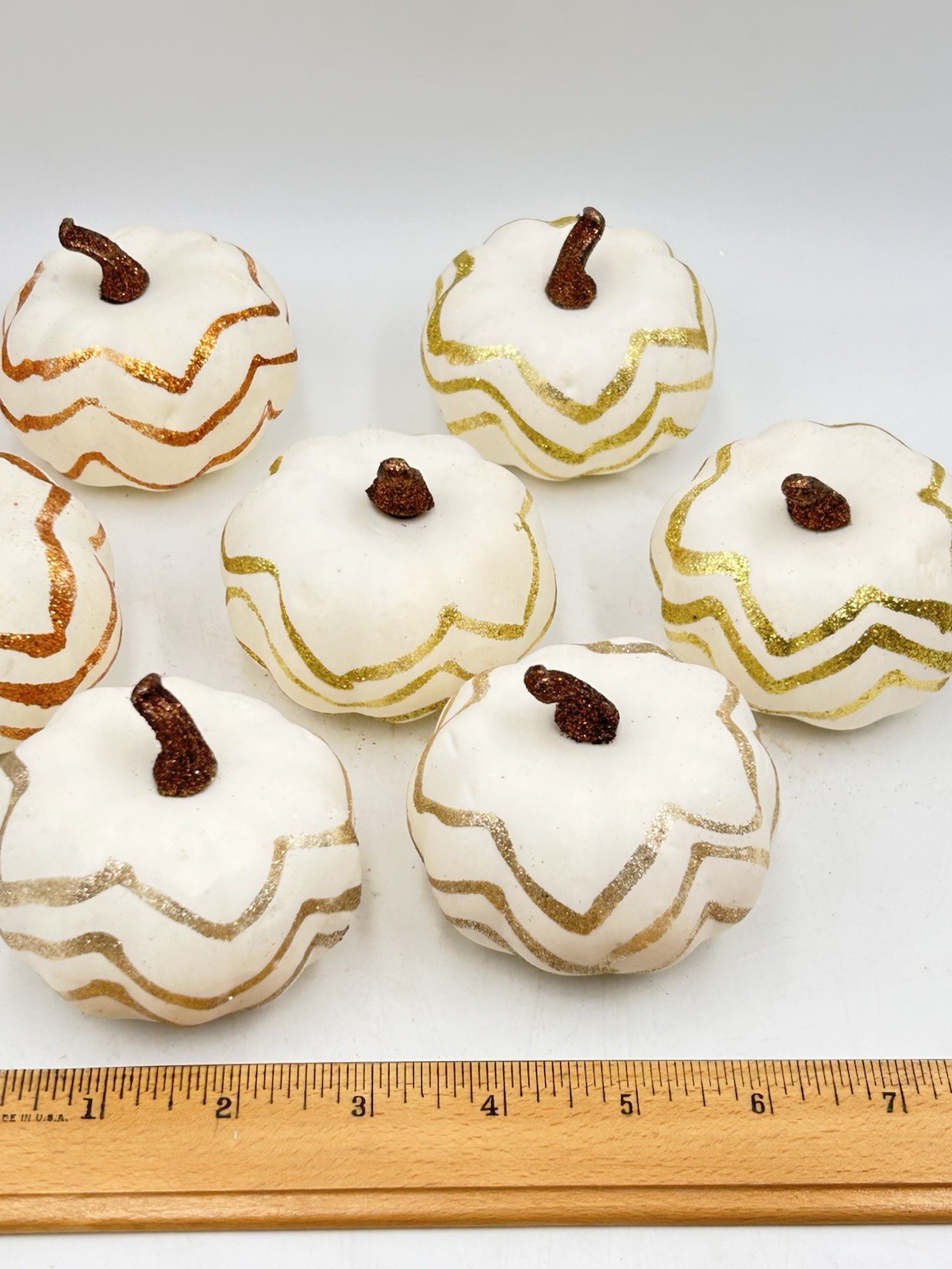 Artificial Faux Pumpkins, 8 PCS White Lifelike Zig Zag Gold/Bronze Paint Glitter