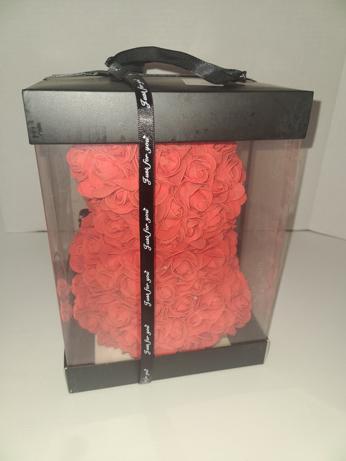 Artificial Rose Teddy Bear with Gift Box | Red/White Rose Bear 10in NEW