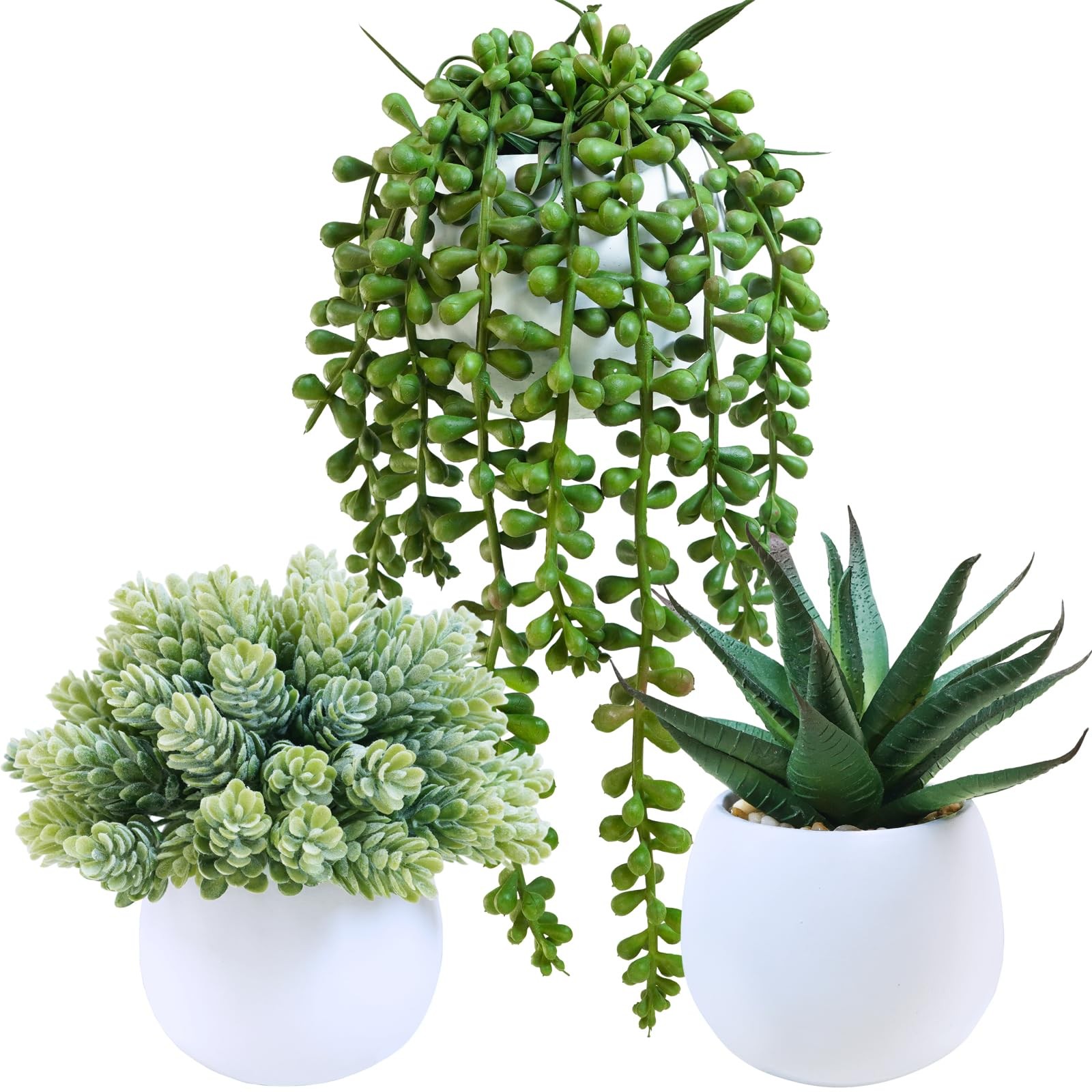 Artificial Succulent Plants in White Concrete Pots Faux Potted Set Of 3