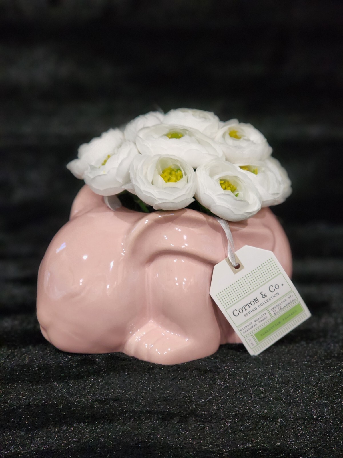 White Silk Floral Arrangement in Pink Ceramic Bunny Planter 7″ Decor Easter Baby