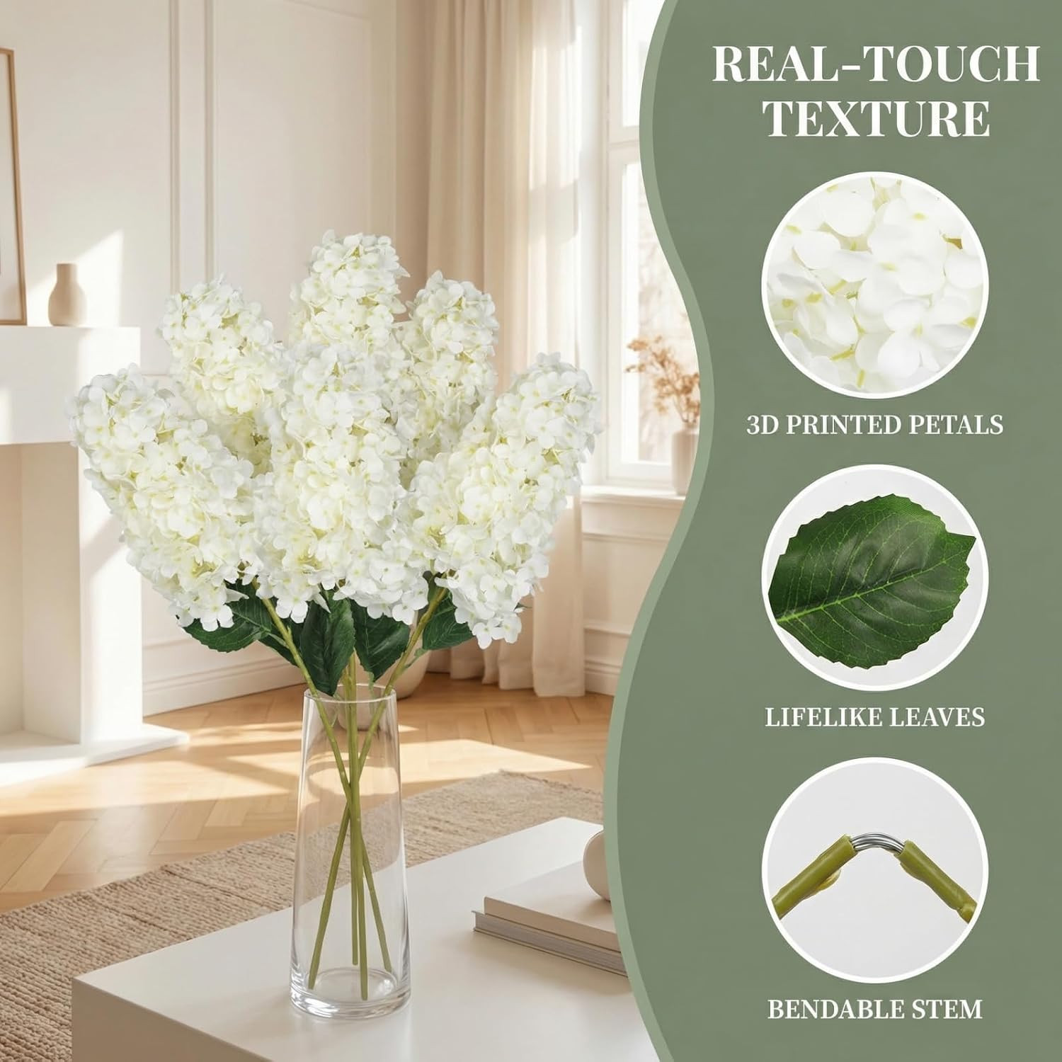 4Pcs White Hydrangea Artificial Flower 33.5″ Conical Faux Hydrangea (White) | Re