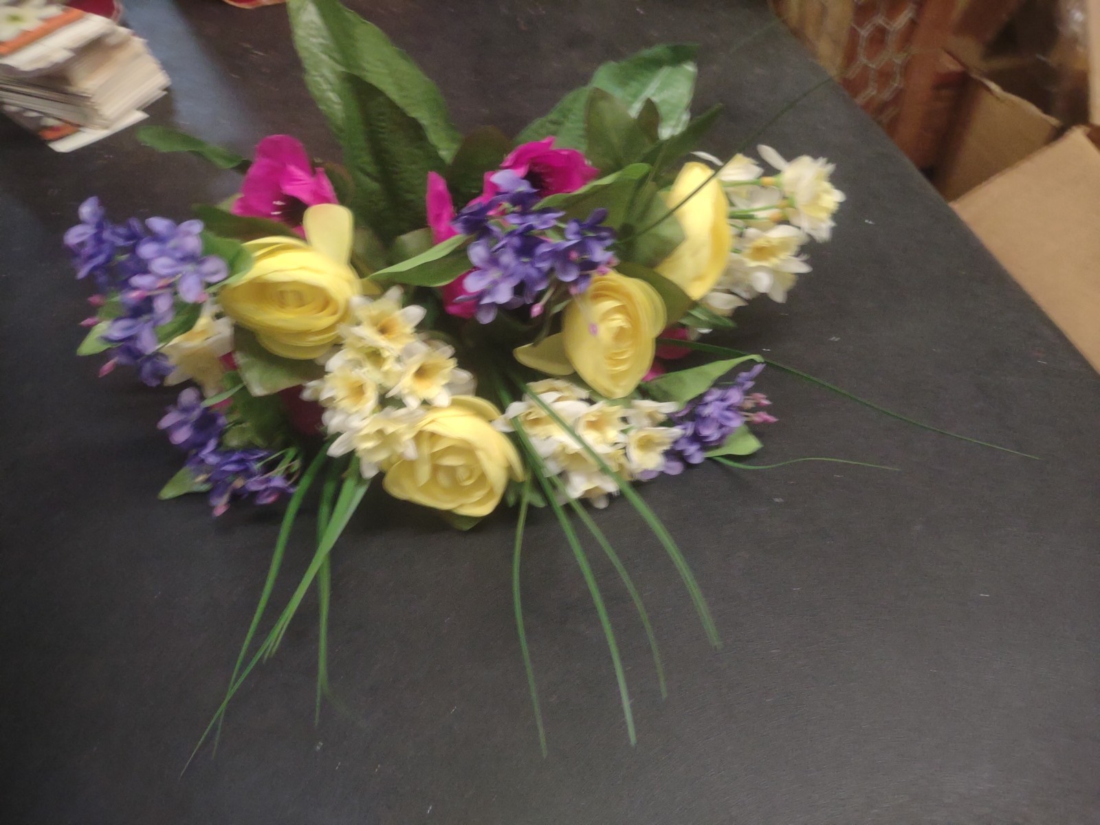 14″ Silk Ranunculus & Anemone Mixed Bouquet Bush, 13 Stems, Yellow Blue Fuchsia