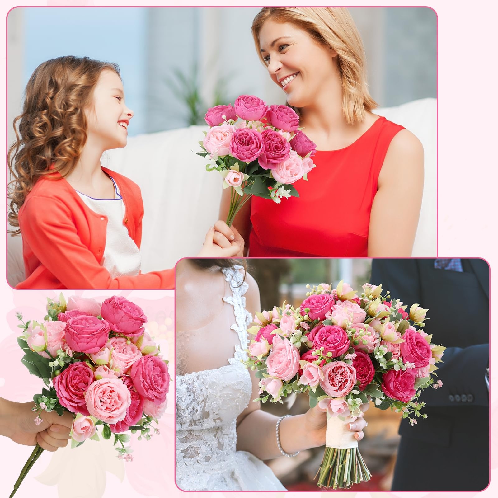 Ovveroche 16 Pack Pink,Hot Pink Peonies Artificial Flowers,Fake Silk Hydrange…