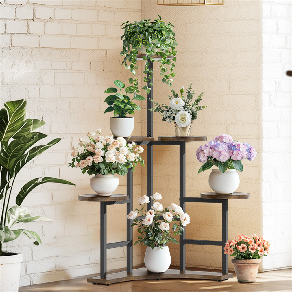 Rustic Metal Wood Corner Plant Shelf 6 Tiered Flower Stand Balcony Rustic Brown
