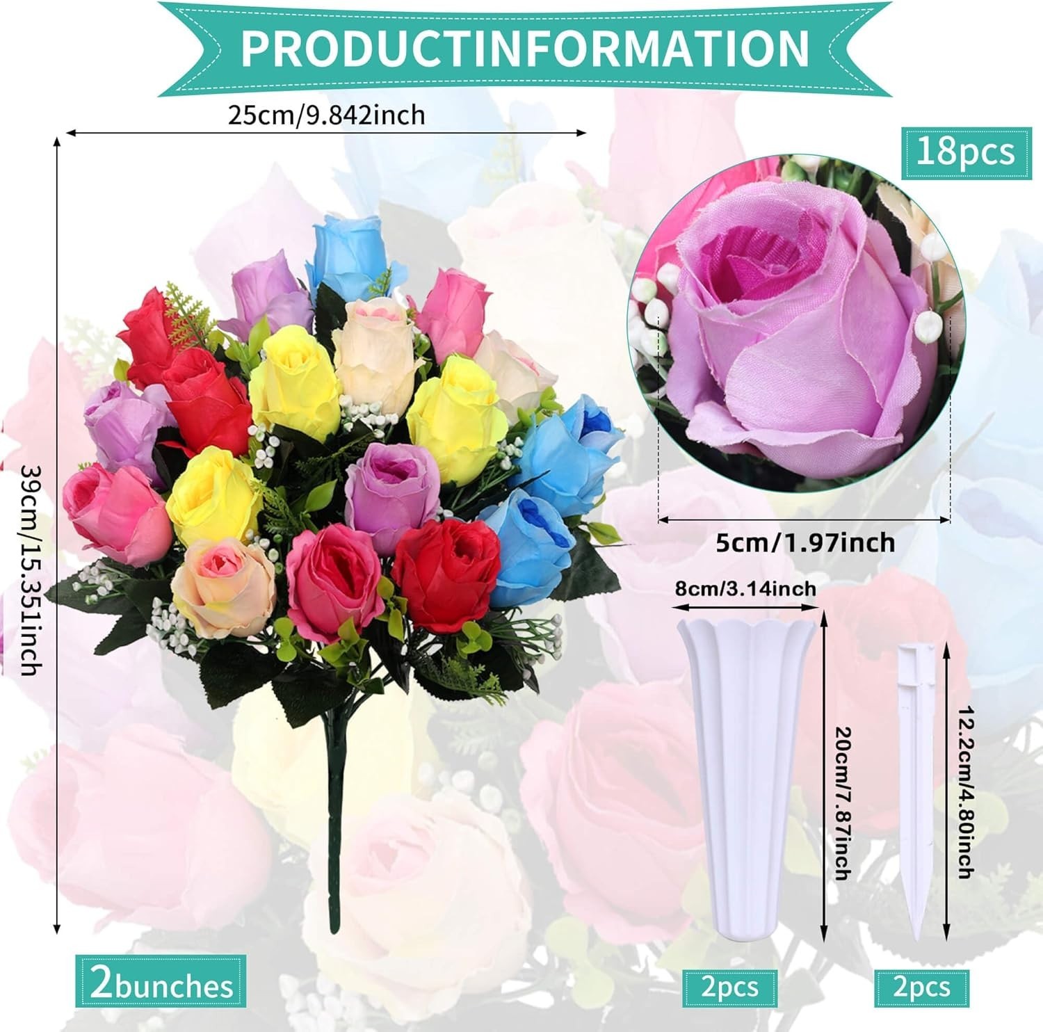 Artificial Cemetery Flowers, Set of 2 Artificial Rose Bouquet Memorial Flowers