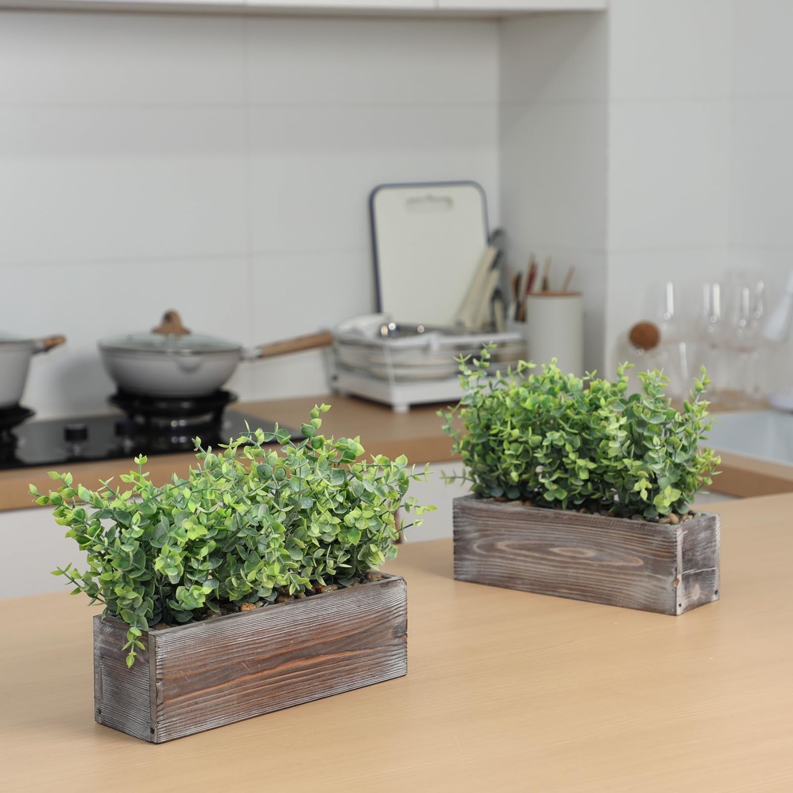 2 Pack Faux Eucalyptus Plants in Rustic Wooden Planter Box – Indoor Wedding Cent