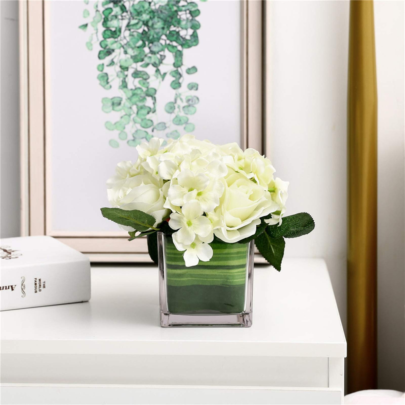 Spring White Artificial Silk Rose Flower Centerpiece Arrangement In Vase Home