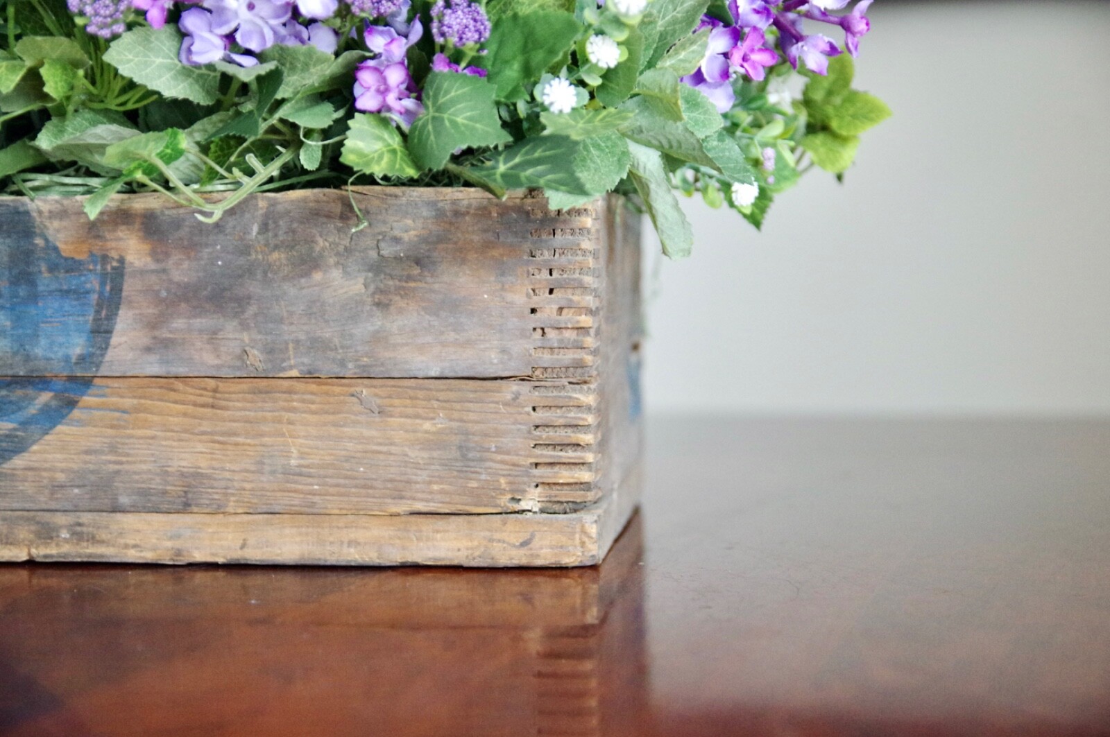 Vintage Wooden Box With Silk Pink and White Rose and Lavender Lilac Arrangement