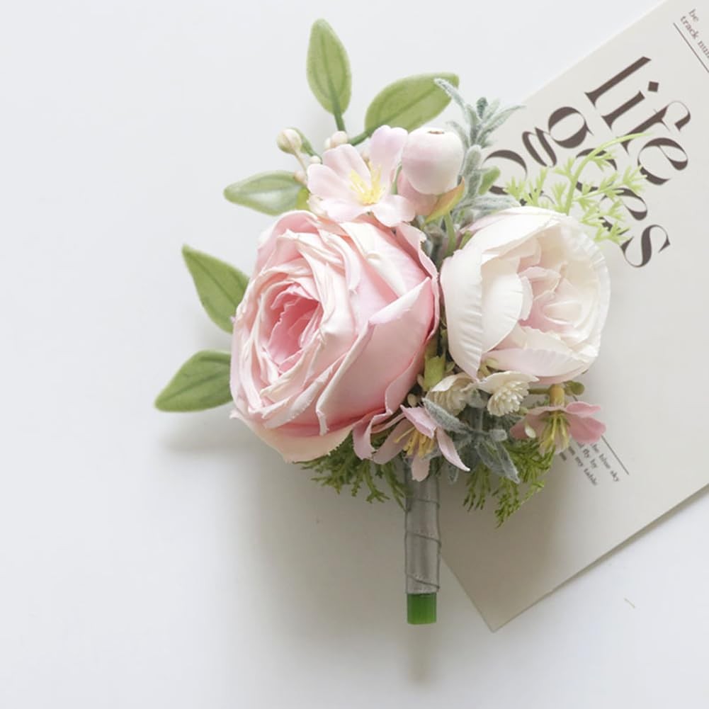 2 PCS Pink Wedding Corsage Boutonniere Set Artificial Flowers Prom W122